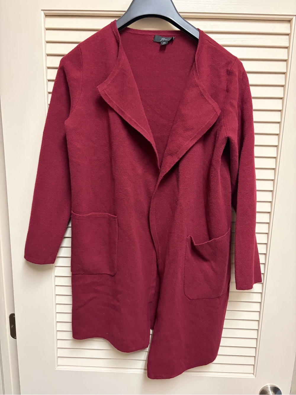 J Crew Womens XS Merino Wool Sweater Coat Burgundy Open Front Long Cardigan